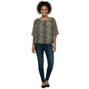 Ember Leopard Print Blouse S Draped Sleeve Elastic Hem Tunic Top Animal Print